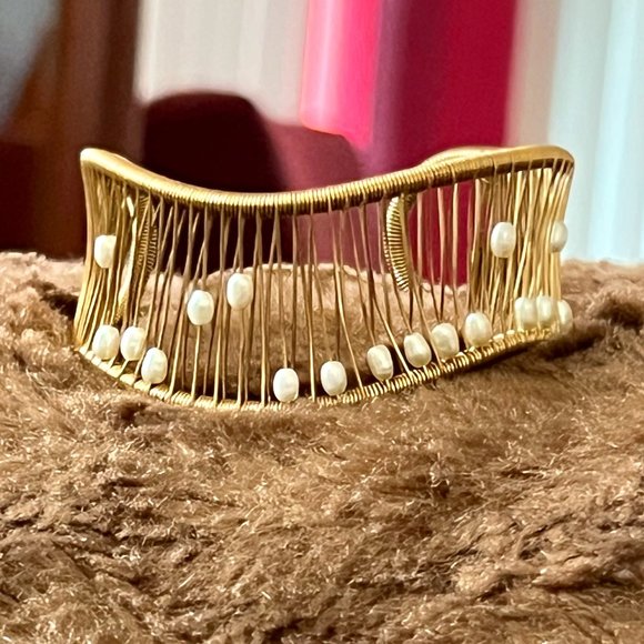 Tana Acton Gold Filled Wire and Seed Pearl Kinetic Cuff Bracelet